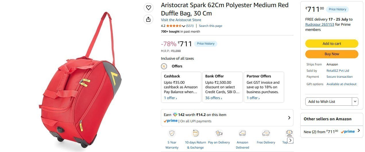 Aristocrat Polyester Duffle Bag 711