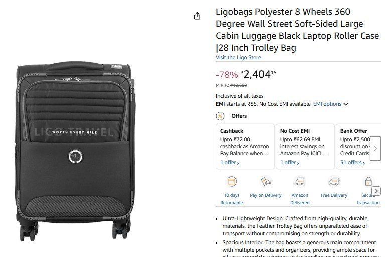 Amazon 78 - Ligobags Trolly Bag 28inch At Rs 2404